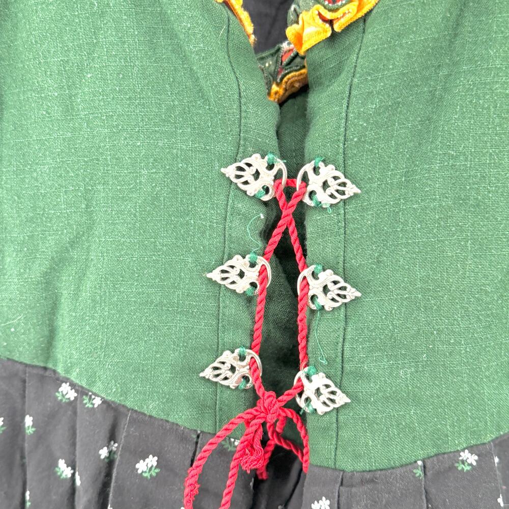 Vintage 80s Hiebaum Green Black Cotton Folk Cottagecore Ruffle Dirndl Dress - Picture 3 of 9